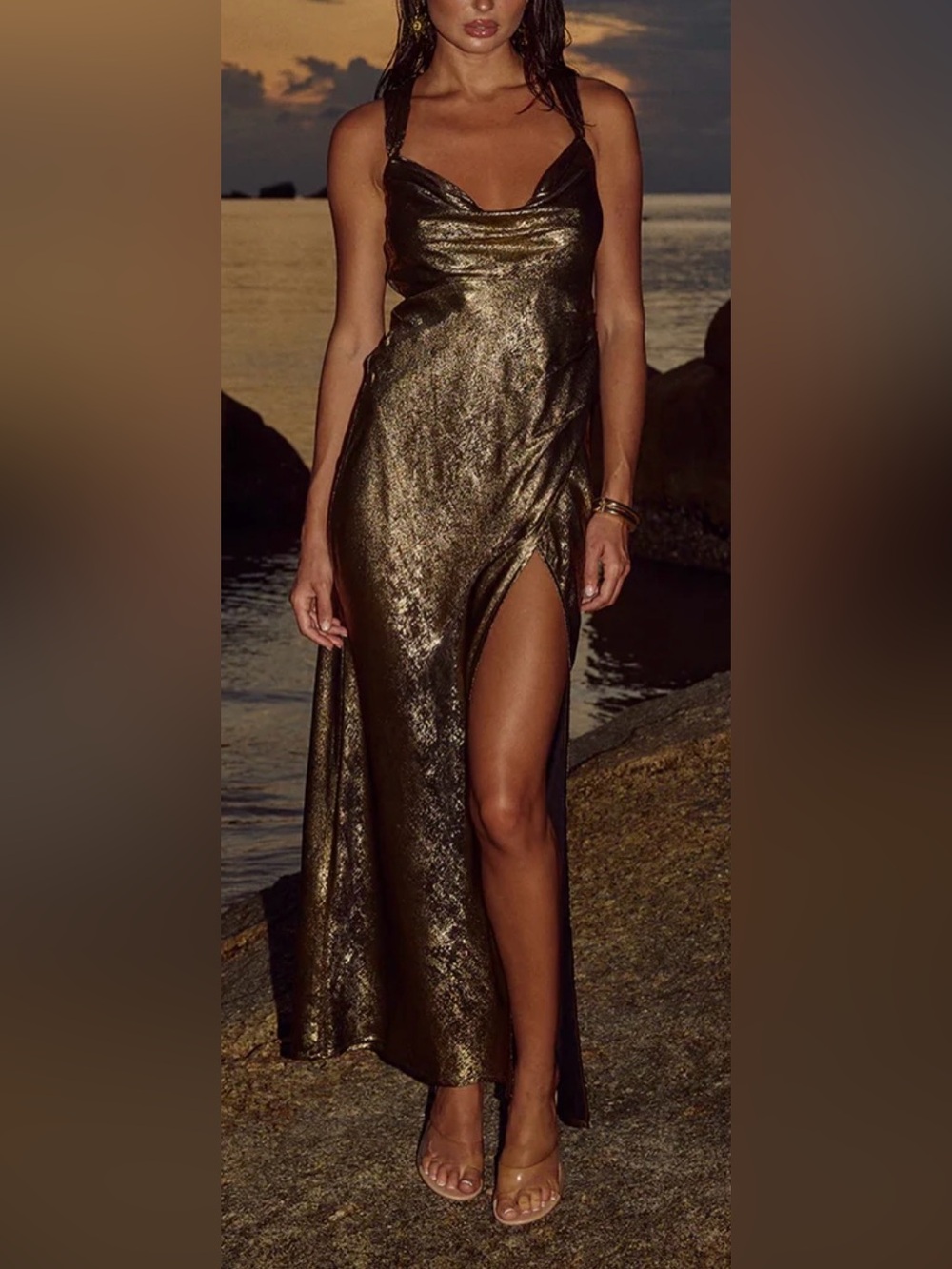 Runaway The Label Cavani Maxi Dress Small Gold Metallic Halter Backless Slit NWT